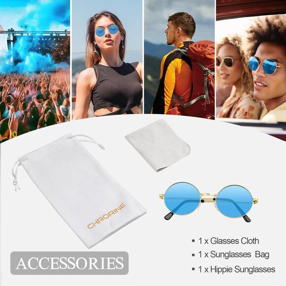 Chrorine Women's Gold Frame Blue Lens Hippie Round 70s Retro Sun Glasses - Picture 3 of 6